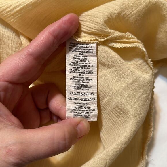 fp S Pale Yellow On The Island Crochet Yoke High Neck Sheer Mesh Bell Sleeve Top - Picture 14 of 14